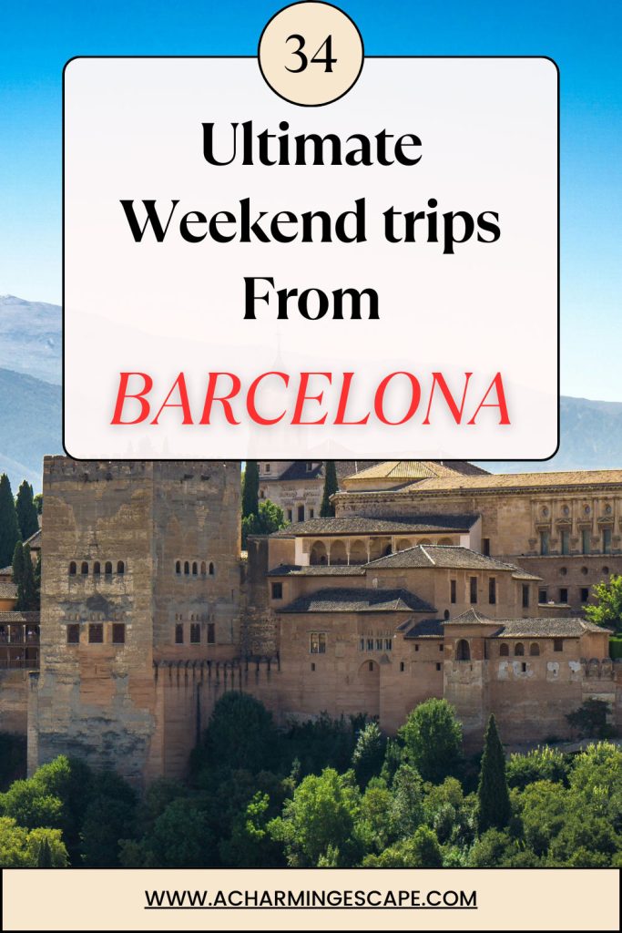 34 Incredible Weekend Trips From Barcelona 47 Promotional image for '34 Ultimate Weekend Trips From Barcelona,' featuring the Alhambra palace against a mountain backdrop, with the website address 'ACHARMINGESCAPE.COM' at the bottom