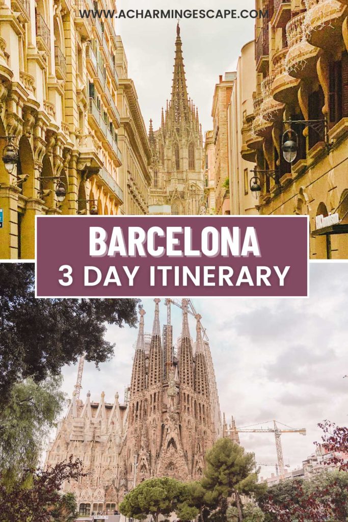 3 Days in Barcelona: The Perfect Itinerary for First-Time Visitors 57 A split-image design featuring two famous Barcelona sights. The top section displays a charming street view leading to the Barcelona Cathedral, framed by historic buildings with ornate facades. The bottom half captures La Sagrada Familia, Gaudí’s masterpiece, with its intricate towers under construction. The title "Barcelona 3 Day Itinerary" is prominently displayed in the center.