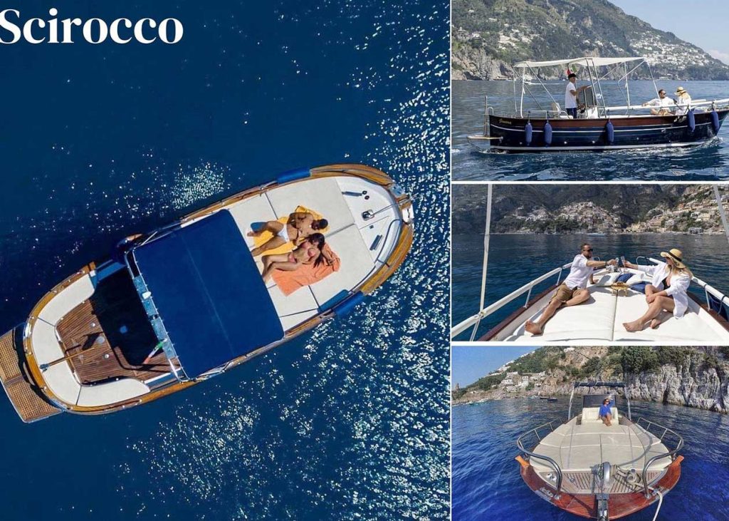 Portofino Or Cinque Terre: Which Is Better? 19 A collage of four images of a boat named "Scirocco" cruising through clear blue water along a rocky coastline, with people relaxing on deck in various scenic settings.