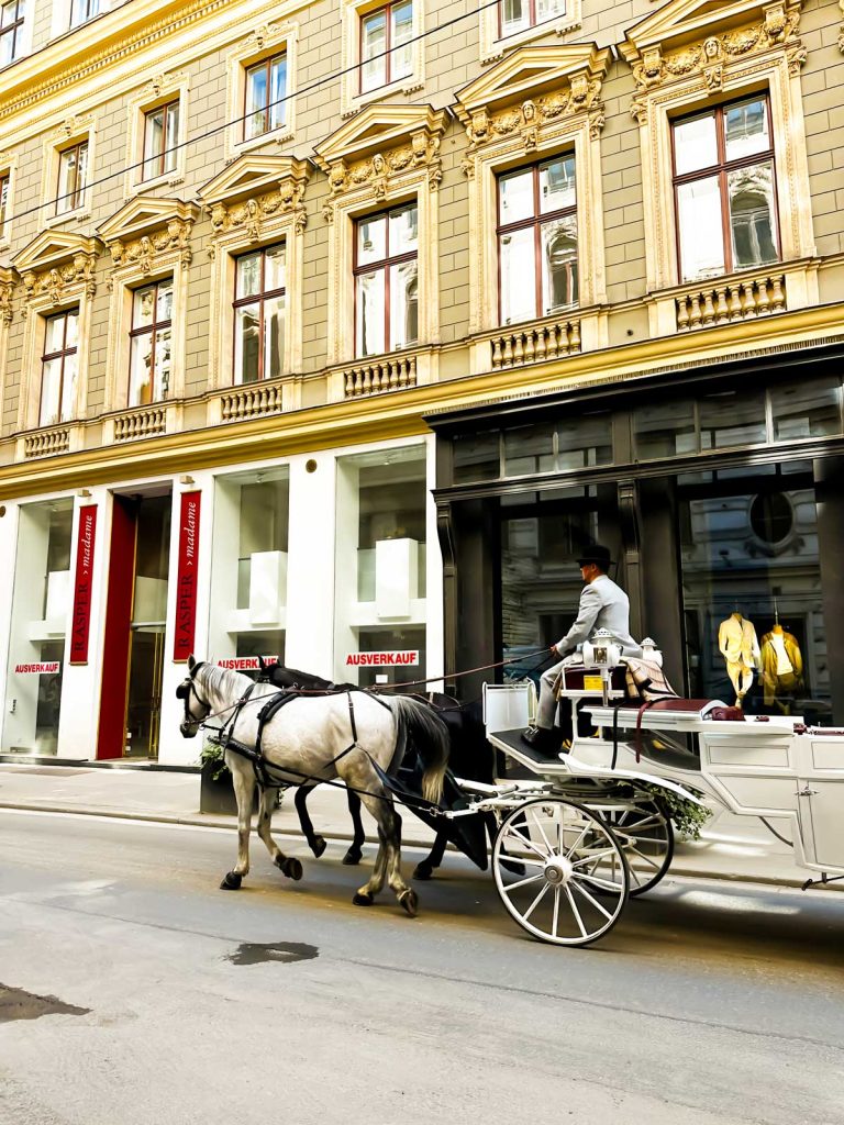 20 Best European Summer Destinations To Visit This Year 24 A white horse drawn carriage passes boutique storefronts with decorative facades and tall windows along a stylish European shopping street. The historic setting reflects timeless European summer destinations in an old town district.
